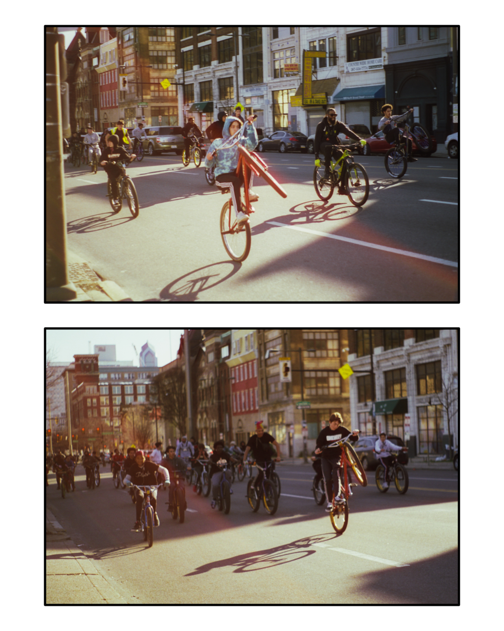 Photos of kids riding bikes down city street